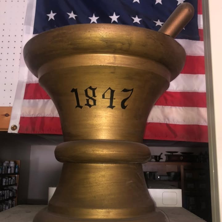 Mortar and pestle marked 1847 at Browns Pharmacy